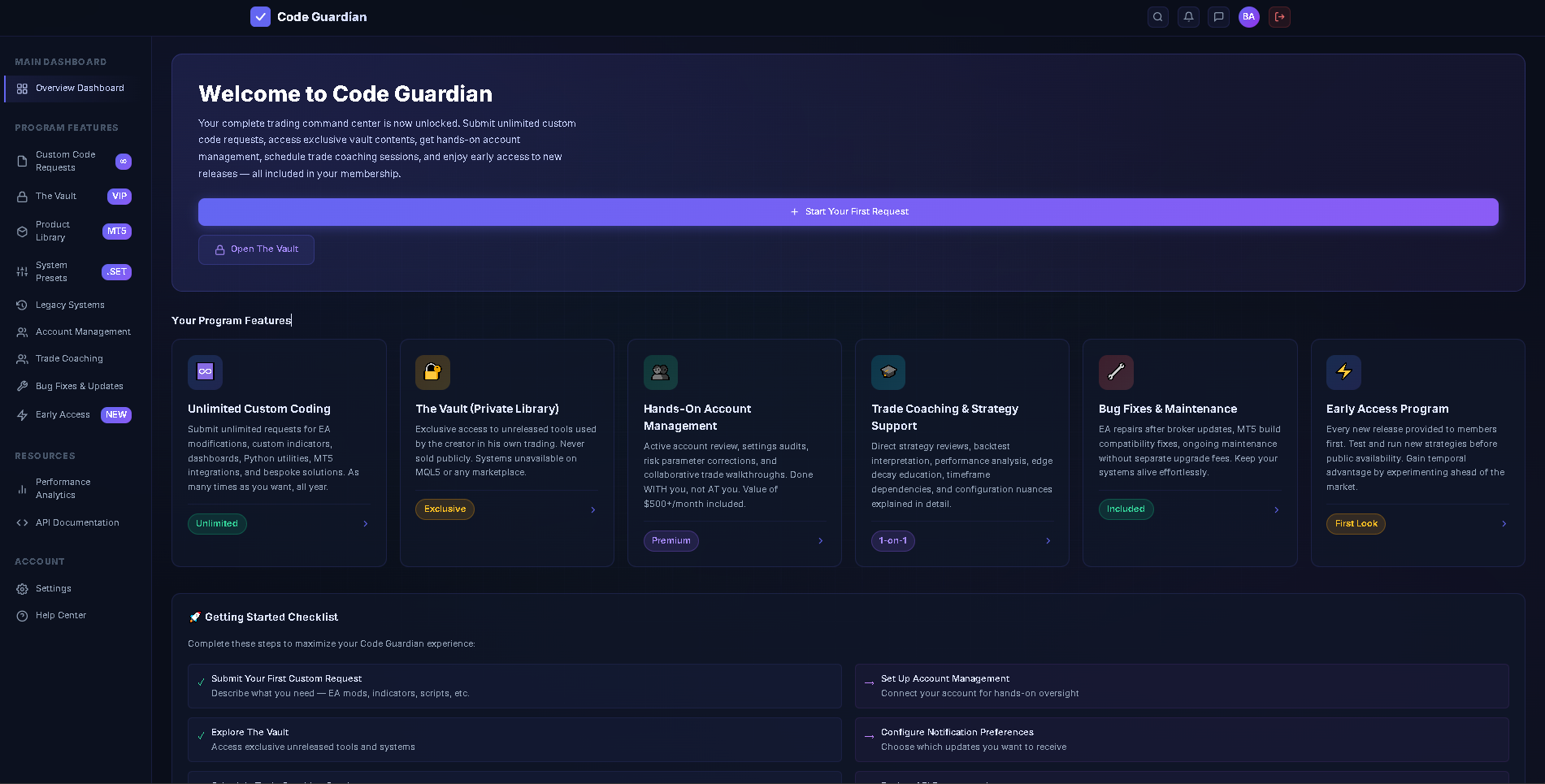 Code Guardian member dashboard showing custom coding, private vault, account management, coaching, maintenance, and early access